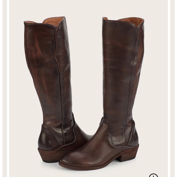 Women’s Frye leather boots, “Carson Piping Tall” in dark brown with wide leg - Picture 1 of 4